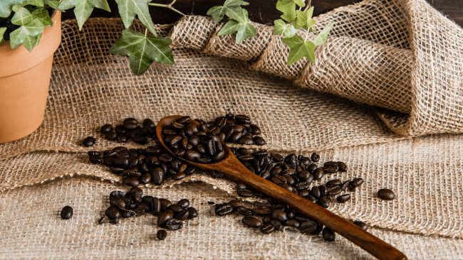 Обои картинки фото кофе, еда,  кофейные зёрна, кофс, ложка, зерна