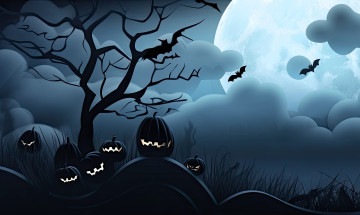обоя рисованное, праздники, хэллоуин, тыквы, деревья, тучи, летучие, мыши, луна