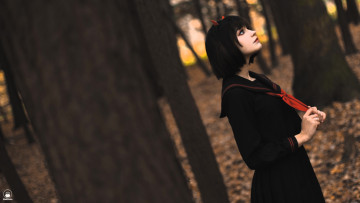 Картинка девушки tenletters образ косплей наряд брюнетка платье листья осень лес кусты