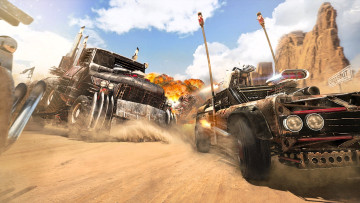 обоя видео игры, crossout, машины, техника, пустыня, песок, огонь, скалы