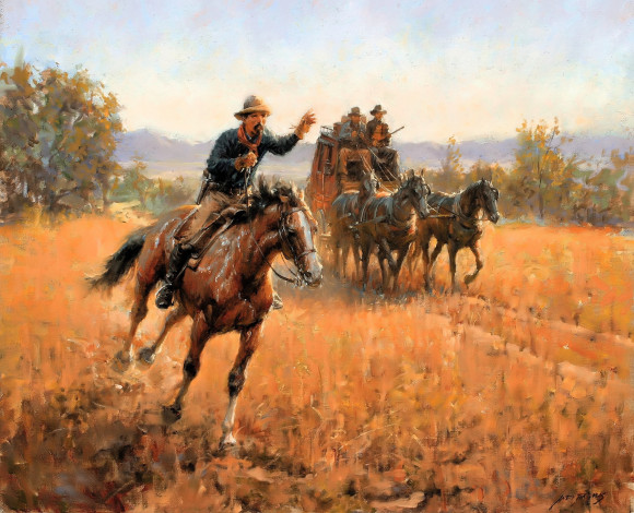Обои картинки фото рисованное, andy thomas, всадник, дилижанс, прерии