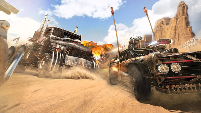 Обои картинки фото видео игры, crossout, машины, техника, пустыня, песок, огонь, скалы