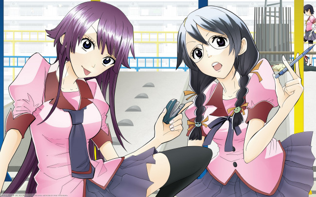 Обои картинки фото аниме, bakemonogatari, hanekawa tsubasa, очки, девушка, форма, карандаш, senjougahara hitagi, степлер, kanbaru suruga