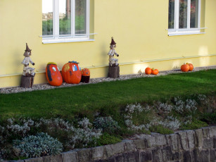 обоя праздничные, хэллоуин, тыквы, куклы