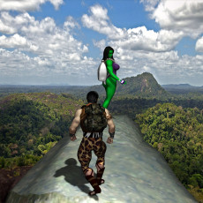 обоя 3д, графика, fantasy, фантазия, облака, парень, скала, лес