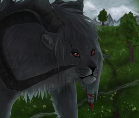 Картинка рисованные животные сказочные мифические деревья лев горы