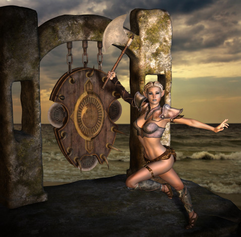 Обои картинки фото 3д, графика, fantasy, фантазия, девушка, взгляд, эльфийка, гонг, сякира