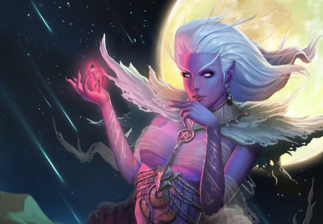 Обои картинки фото фэнтези, эльфы, девушка, эльфийка, луна, ночь, метеоритный, дождь