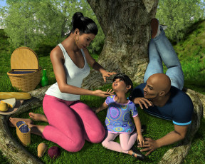 Картинка 3д+графика люди+ people мужчина девушка ребенок улыбки дерево корзинки отдых семья лето трава