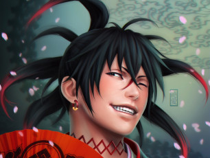 Картинка фэнтези люди веер улыбка парень zetsuai89 art подмигивает лепестки