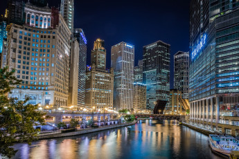 Картинка trump+river+at+night города -+огни+ночного+города ночь небоскребы река огни