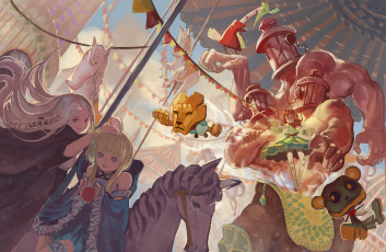 Картинка аниме pixiv+fantasia quaanqin арт девушки существа карусель лошадь флажки
