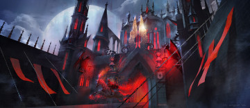 Картинка аниме pixiv+fantasia pixiv fantasia lost elle арт замок строение всадник лошадь цепи мост флаги луна ночь