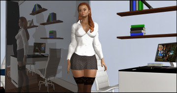 Картинка 3д+графика люди+ people полки книги офис стол зеркало девушка взгляд рыжая