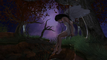 Картинка 3д+графика ангел+ angel девушка ангел деревья качели ночь