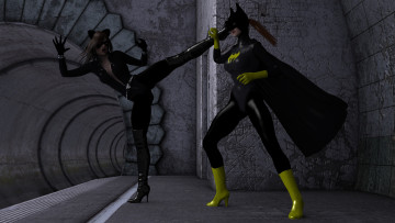 Картинка 3д+графика фантазия+ fantasy супермен драка девушки тонель ночь