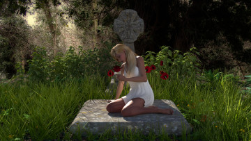 Картинка 3д+графика люди+ people девушка взгляд платье камень трава лето