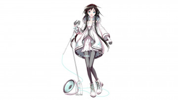 Картинка аниме -headphones+&+instrumental радость улыбка фон белый музыка микрофон девушка nagashi xia utau izumi yao yu