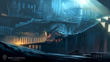 Картинка аниме pixiv+fantasia pixiv fantasia yuushouku арт дракон город ночь люди огонь луна свет