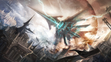 Картинка аниме pixiv+fantasia взрывы город молния carv птицы летит небо корабль арт