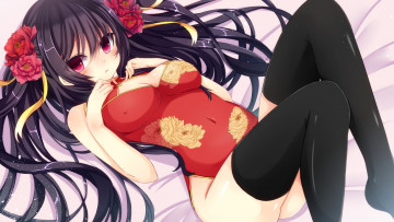 Картинка аниме *unknown+ другое арт лежит шатенка чулки bloodcatblack взгляд девушка попа купальник