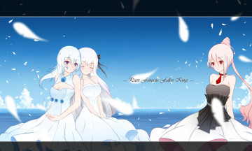 Картинка аниме pixiv+fantasia лепестки облака арт девушки платья небо море dusk-dawn кристалл