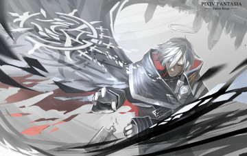 Картинка аниме pixiv+fantasia нимб арт бутылка yuushouku pixiv fantasia плащ город осколки парень