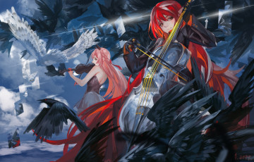 Картинка аниме pixiv+fantasia вороны отражения небо птицы музыка скрипка арт девушки pixiv fantasia