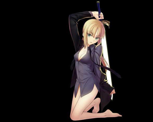 Обои картинки фото аниме, fate, zero, фон, меч, девушка, чёрный