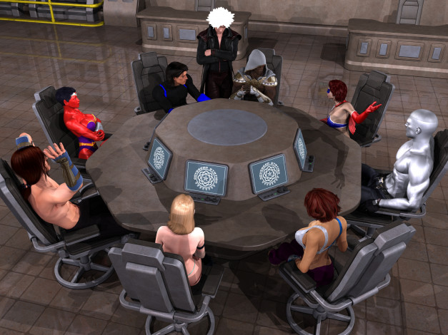 Обои картинки фото sinister marauder, 3д графика, фантазия , fantasy, стол, мужчина, девушки