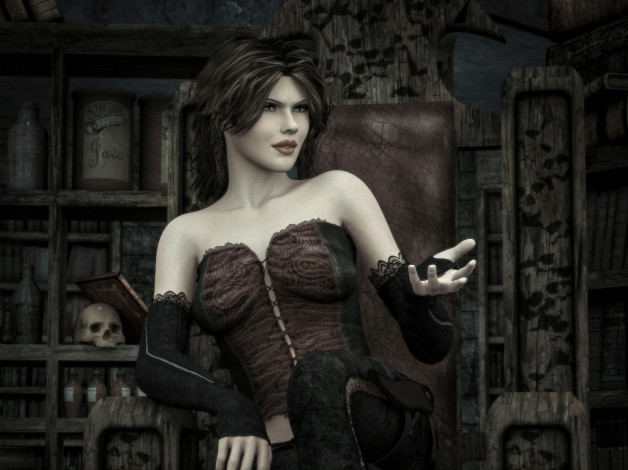 Обои картинки фото 3д графика, фантазия , fantasy, череп, фон, взгляд, девушка