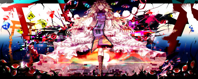 Обои картинки фото аниме, touhou, девушка, chiaki, арт, блондинка, kou, абстракция, взгляд, глаза, yakumo, yukari