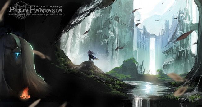 Обои картинки фото аниме, pixiv fantasia, девушка, арт, замок, трава, камни, огонь, робот, swd3e2, pffk, paradise, fantasia, pixiv, водопад, природа