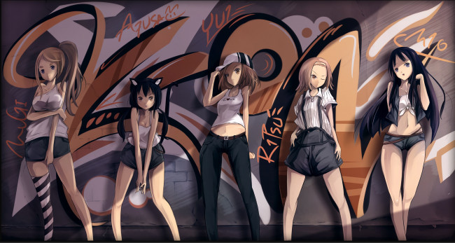 Обои картинки фото аниме, k-on, akiyama, mio, hirasawa, yui, kotobuki, tsumugi, nakano, azusa, tainaka, ritsu, oyeung, арт, девушки