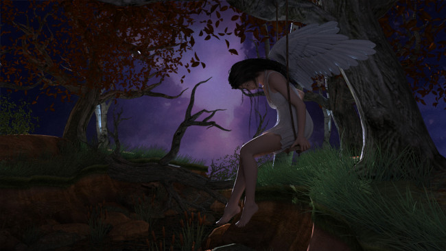 Обои картинки фото 3д графика, ангел , angel, девушка, ангел, деревья, качели, ночь