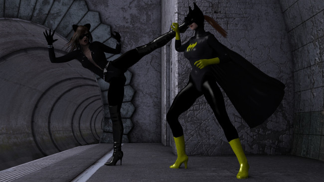 Обои картинки фото 3д графика, фантазия , fantasy, супермен, драка, девушки, тонель, ночь