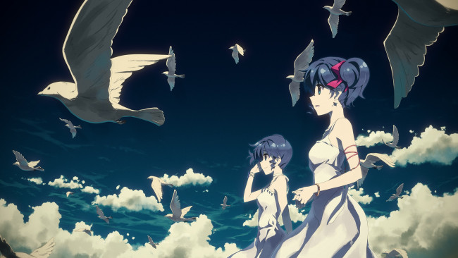 Обои картинки фото аниме, lady made star, девушки, чайки, птицы, небо, seha, klatt, nina, облака, lady, made, star, dj, max