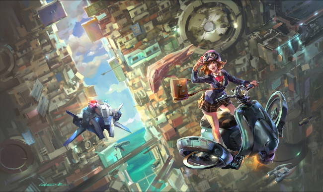 Обои картинки фото фэнтези, девушки, мир, иной, летающий, скутер, будущее, девушка