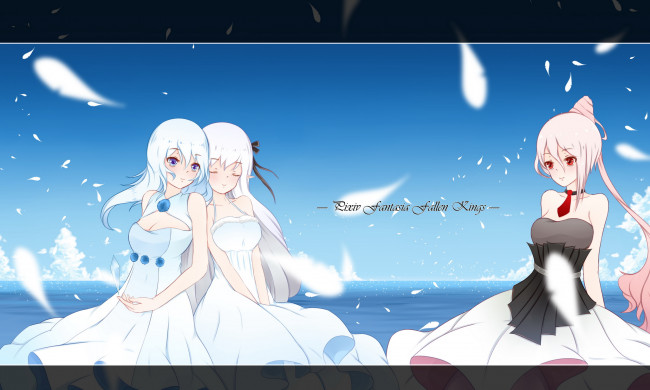 Обои картинки фото аниме, pixiv fantasia, лепестки, облака, арт, девушки, платья, небо, море, dusk-dawn, кристалл