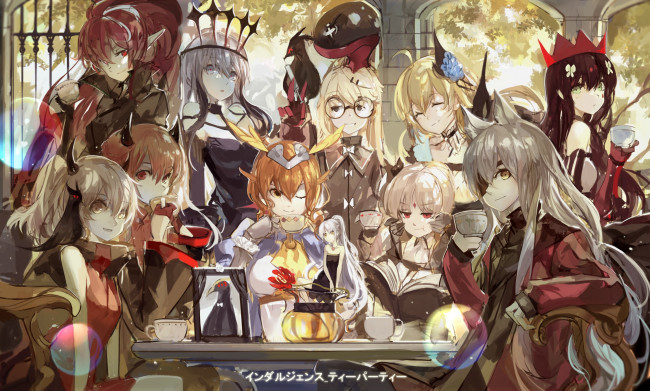 Обои картинки фото аниме, pixiv fantasia, стол, арт, armeechef, fantasia, pixiv, saberiii, девушки, чашки