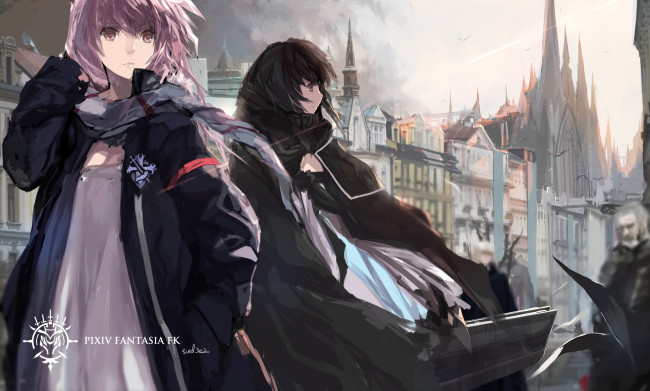 Обои картинки фото аниме, pixiv fantasia, swd3e2, арт, девушки, город, замок