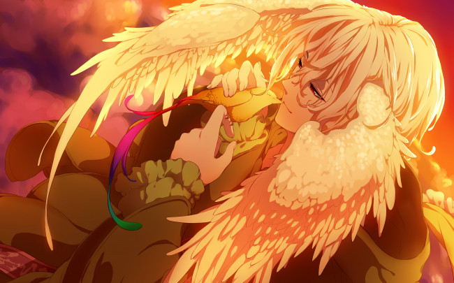 Обои картинки фото аниме, -animals & creatures, красные, глаза, крылья, птица, парень