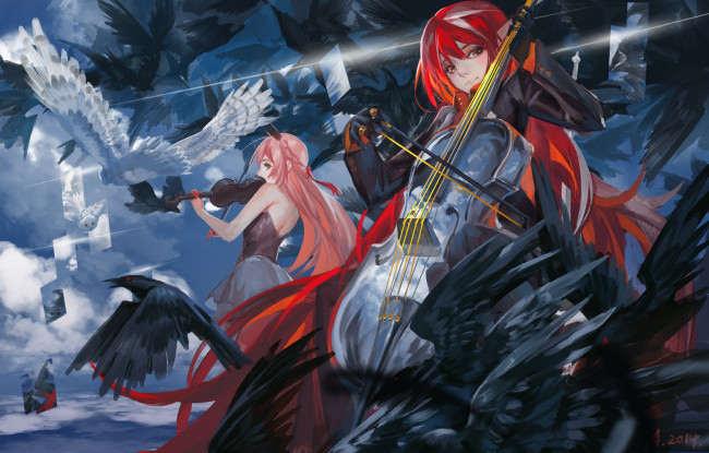 Обои картинки фото аниме, pixiv fantasia, вороны, отражения, небо, птицы, музыка, скрипка, арт, девушки, pixiv, fantasia