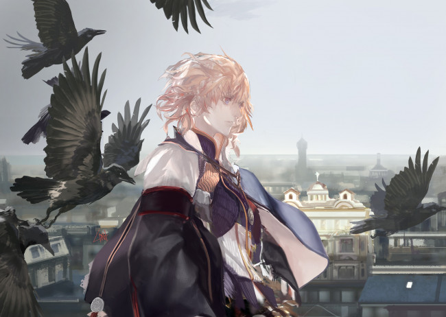 Обои картинки фото аниме, pixiv fantasia, lin, небо, арт, волосы, человек, город, птицы, вороны