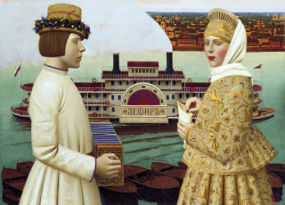 обоя попутная песня, рисованное, андрей ремнёв, кулек, лодки, женщина, мужчина, шляпа, пароход, река, гармонь