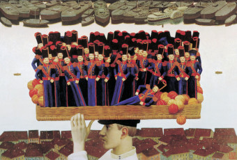 обоя продавец игрушек, рисованное, андрей ремнёв, корабли, мячики, голова, игрушки, солдатики, дома, корзина