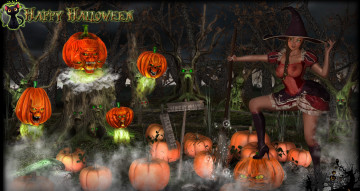 Картинка 3д+графика праздники+ holidays тыквы ведьма