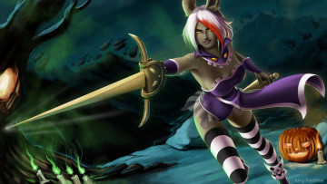 Картинка праздничные хэллоуин девушка взгляд фон оружие тыква свечи fiora