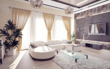 Картинка интерьер гостиная полки тумба диван столик ковер цветы шторы окно люстры телевизор