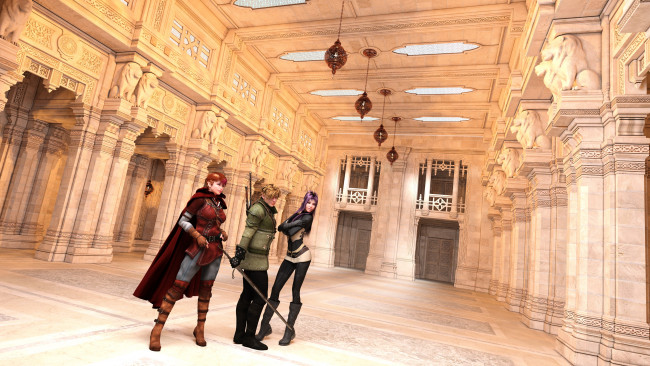 Обои картинки фото 3д графика, фантазия , fantasy, интерьер, взгляд, фон, девушки